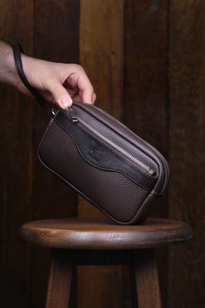 en deri Men's Brown Luxury Handbag with Belt and Wristlet