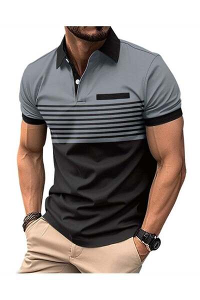 Aethvive Men's Casual POLO Shirt Short Sleeve Printed Color Matching Striped ...