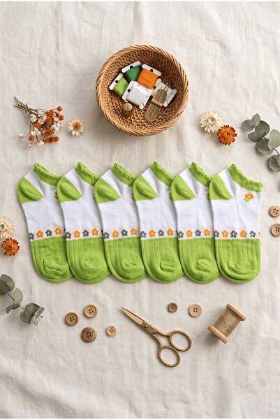 hadiora Set of 6 Green Floral Patterned Women's Socks - Soft Cotton