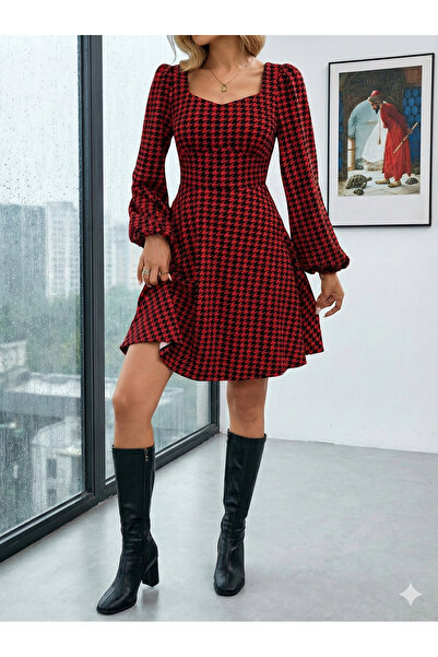 modi Women's Long Sleeve Square Heart Neck Mini Modal Dress