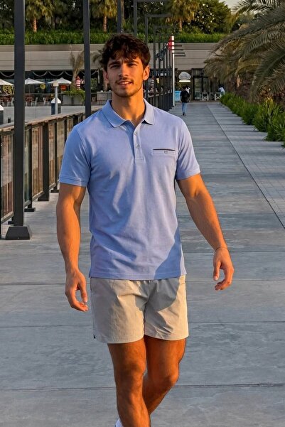 Maccali Men's Comfortable Fit Casual Blue Polo Neck T-Shirt with Pockets