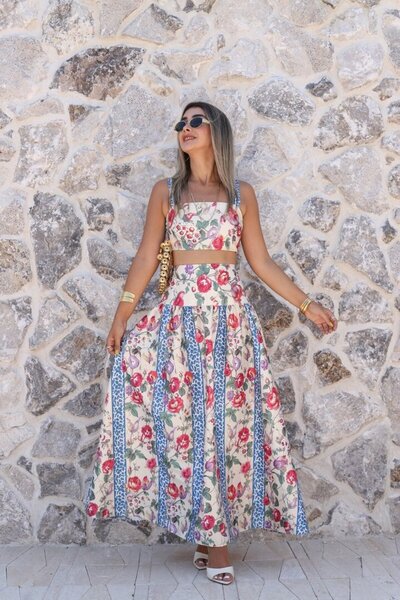 bytugcekaya Bej Renkli Çiçek Desen Croplu Etek Takım