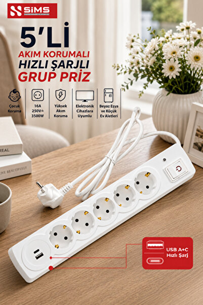 5'li AKIM KORUMALI HIZLI ŞARJLI GRUP PRİZ