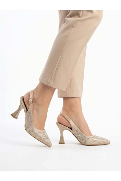 asmi shoes Women's Monica Stoned Beige Satin 7 cm Thin Heeled Shoes & Stilettos