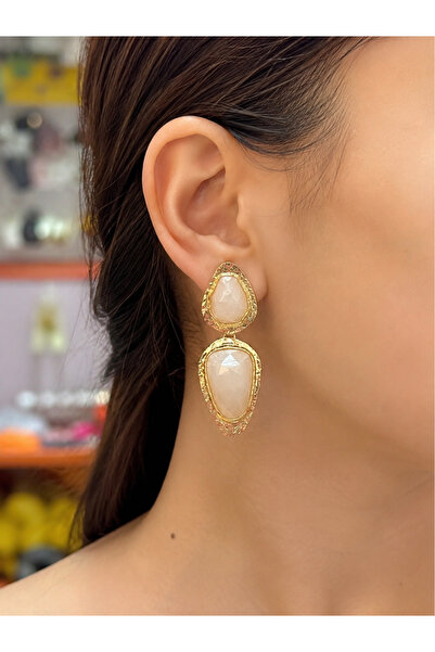 Bymiel Women's Gold Color Cream Stone Double Dangle Earrings