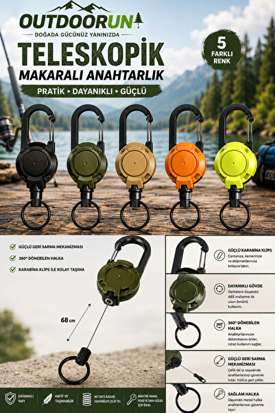 Outdoorun Geri Sarılabilir Makaralı Kamp Karabina Kancalı Sportif Anahtarlık