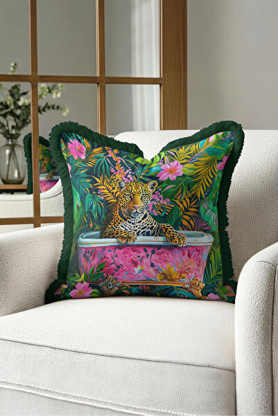 Evimde Bambaşka Exotic Leopard Tropical Pattern Fringed Pillowcase-Bohemian J...