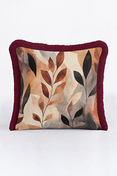 Evimde Bambaşka Leaf Patterned Elegant Botanical Fringed Pillowcase - Natural...