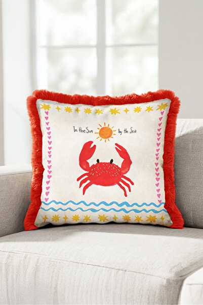 Evimde Bambaşka Sea Crab Design Marine Fringed Pillowcase-Ethnic Coastal Boho...