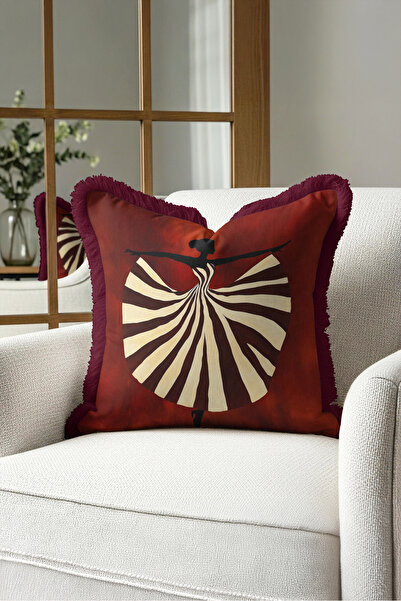 Evimde Bambaşka Artistic Woman Figured Glittery Fringe Pillowcase-Elegant Boh...