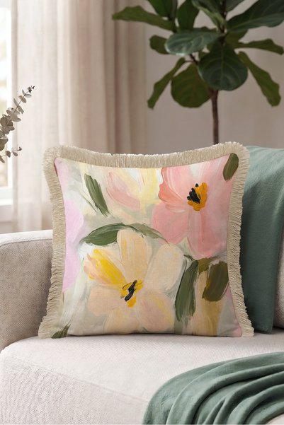 Evimde Bambaşka Flower Pastel Floral Fringe Pillowcase-Artistic Botanical Pink Green Cream Tufted Throw Pillow Cover