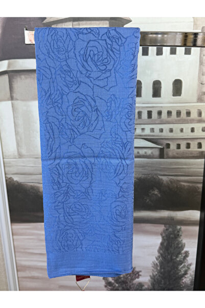 LuvenSara Blue Jacquard Rose Patterned Cotton Shawl
