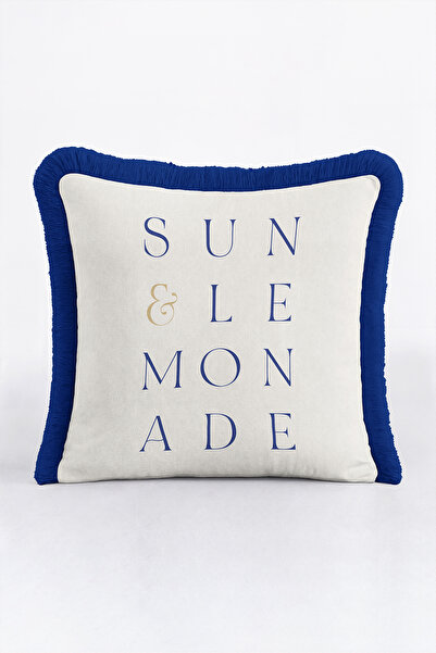 Evimde Bambaşka Written Sun Fringed Pillowcase - Minimal Sailor Bohemian Blue...