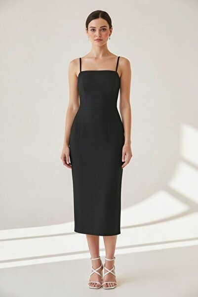 ENDAMIM Square Neck Scuba Midi Dress Slim Fit Slit Zipper Wedding Wedding Wom...