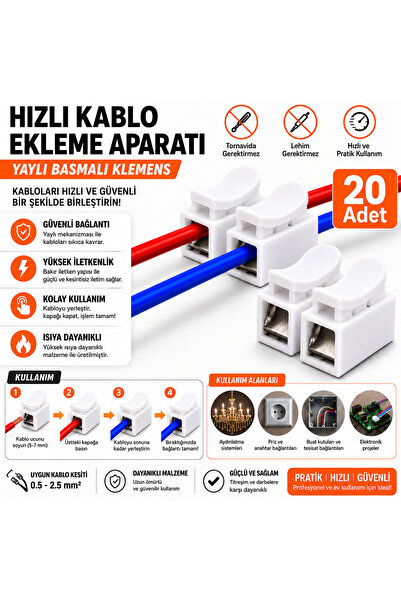 Atx Yaylı Basmalı Kablo Birleştirme Klemensi 2 Li 20 Adet Vidasız Hızlı Kablo...