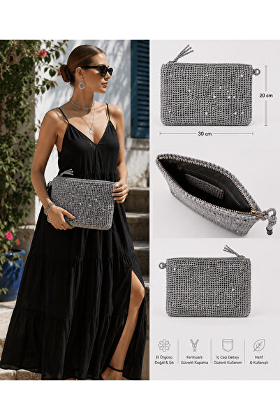 TrimArt Store El Örgüsü Gri Kadın Clutch Çanta – Fermuarlı, Taş Detaylı, El Y...