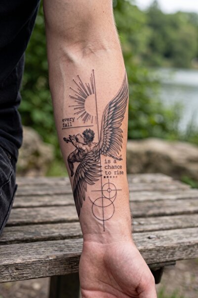BP Tattoo İkarus Dövmesi Düşen Melek ve Geometrik Desenli Yazılı Geçici Dövme