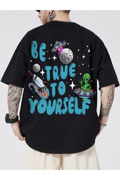 TİMİSİVA Unisex Oversized Printed Crew Neck Short Sleeve Black T-Shirt