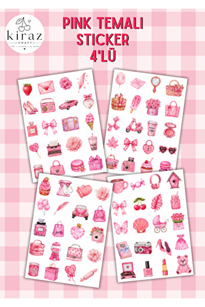 Kiraz Craft Pembe Temalı Sticker Seti 4'lü | 80 Estetik Sticker | Journal, Pl...