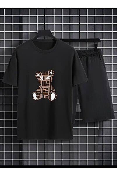Boi Patterned Teddy Bear Printed T-Shirt Shorts Loose Fit Comfortable Fit Bla...