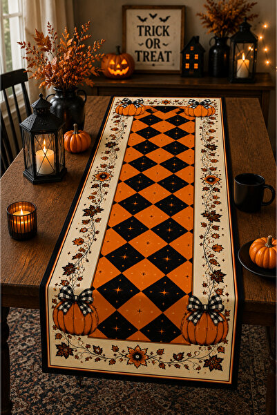 Elay Tekstil Halloween Runner 40x140 cm Cadılar Bayramı Balkabağı Desenli Dek...