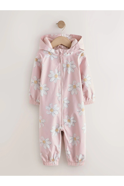 Next Baby Pembe Çiçek Desenli Su Geçirmez Polar Astarlı Yağmurluk Astronot Tulum