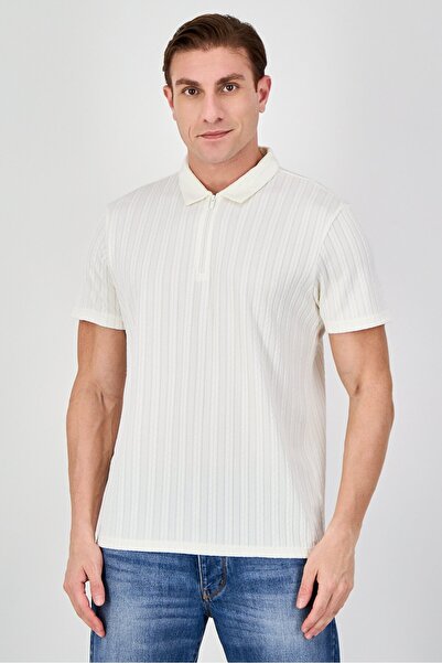 Bruno Milano Men Stretch Fit Textured Short Sleeve Polo Shirt, Ivory