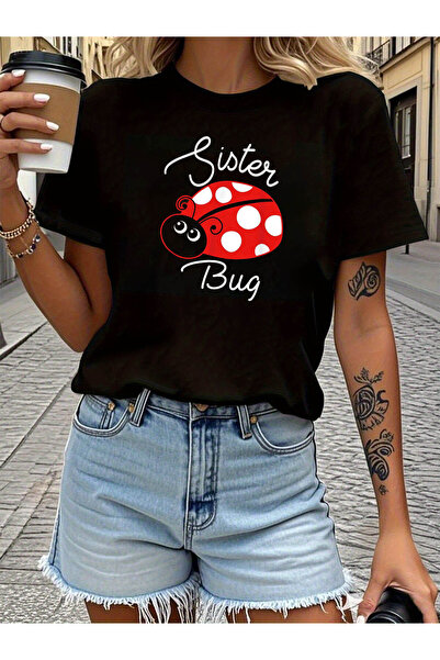 12 HERTZ Sister Bug Letter Print T-Shirt, Short Sleeve Crew Neck Casual Top f...