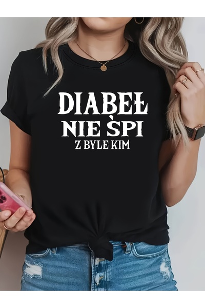 LİNA06 تي شيرت نسائي، تصميم قوطي بولندي عتيق "DIABE?" تي شيرت أسود مطبوع عليه...