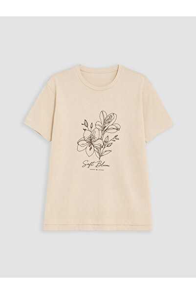LC Waikiki Beige Printed Cotton Women's T-Shirt