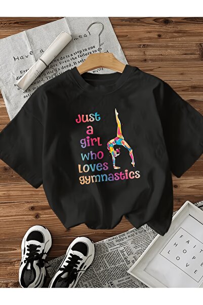 NOURAM Black Minimalist Style Just a Who Loves Gymnastics Print Short Sleeve ...