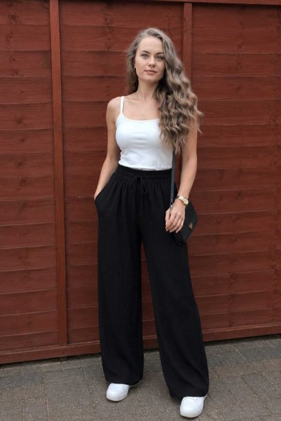 A.P Boutique Pantaloni palazzo cu talie elastică și șnur reglabil
