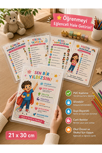 AlohamoraShop 5'li Türkçe Eğitici Poster Seti PVC Lamine | Çocuk Odası Montes...