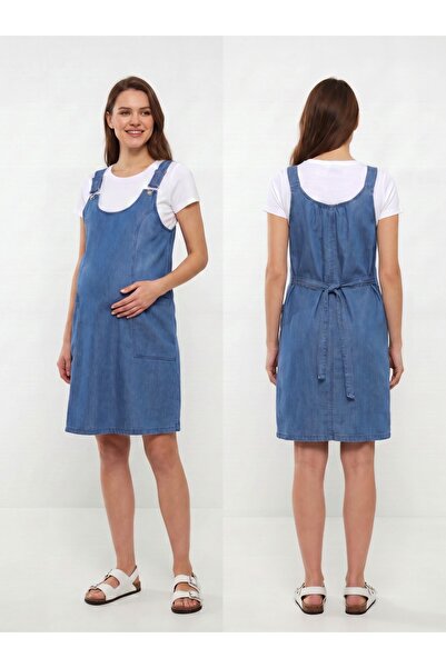 BIG LESSON Maternity Blue Denim Slopet Dress with Straps and Pockets Gilet Dress