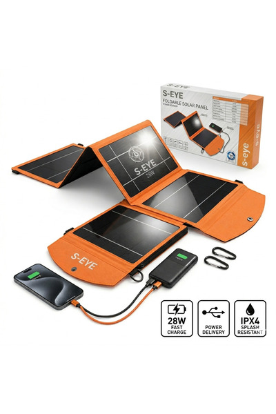 s-Eye Сгъваем соларен панел 28W - Захранване, USB-C + USB-A, IPX4, Монокриста...
