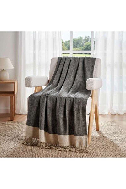 PAN HOME Resort Linen Hand Woven Fringed Throw 125x150cm - Dark Linen