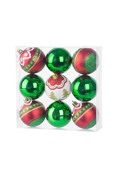 Strend Pro Set de 9 globuri de Crăciun Ø6 cm roșu-verde-alb cu detalii contra...
