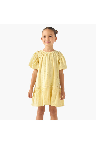 Juniors Round Neck Short Sleeves A-line Dress with Schiffli Detail