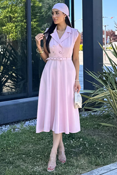 Aryena Pink Women's Double Breasted Collar Four Button Dress