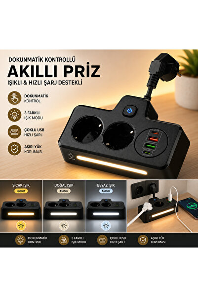 MATECHNO 2 Soketli Çoklu Priz | PD20W Type-C + QC3.0 Hızlı Şarj | 2 USB 3.4A ...