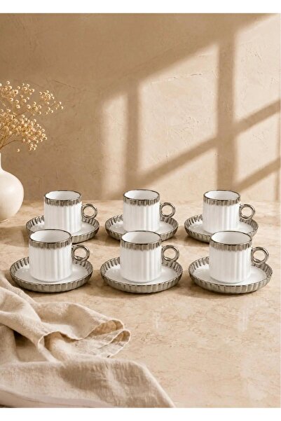 CEZVE HOME 6-Person Porcelain Turkish Coffee Cup Set with Silver Detailing