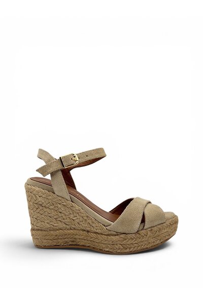 Vieris Shoes Bej Süet Hakiki Deri Bilekten Bantlı Hasır Kaplamalı Dolgu Topuk...