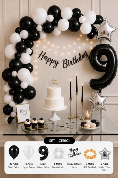 Baloncu Nene 9 Yaş Siyah Beyaz Doğum Günü Süsleme Seti Rakam Balonlu Yıldızlı...