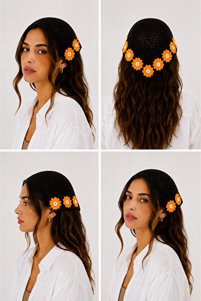 SEVMİŞ HOME Women's Knitted Bandana with Floral Motifs Summer Bohemian Hair B...