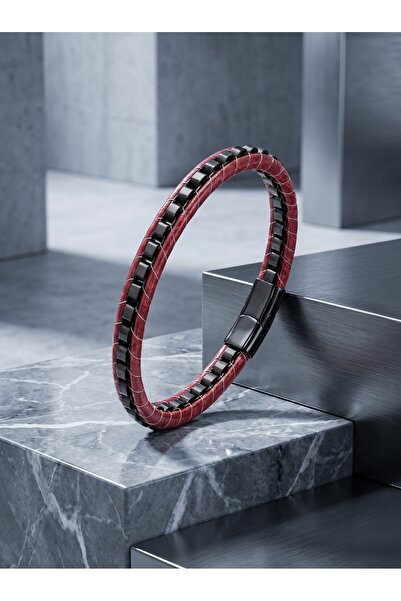 Parmas Design Men's Bracelet Black Steel Chain Braided and Red Leather 01901