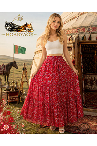 hoaryage Elastic Waist Lined Three Layer Elegant Floral Patterned Crepe Fabri...