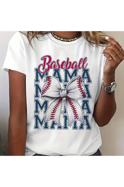 01THEONE Women's Vintage Baseball Bow Mama Graphic T-Shirt - Short Sleeve Cre...