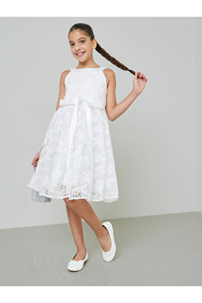 Take Two By Styli Girls White A-Line Lace Midi Dress