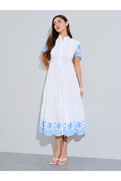 Styli White Embroidered Cotton Tiered Midi Dress