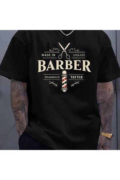 01THEONE Men's Barber-Themed Graphic T-Shirt - Design, Breathable 100%, Elast...
